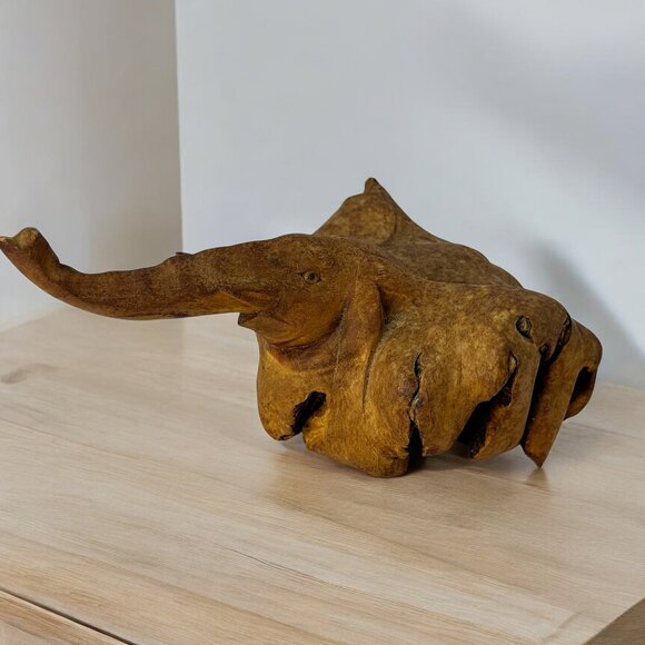 Vintage Wood Carving Elephant Trunk Up Good Luck Eclectic Unique - Picture 1 of 7